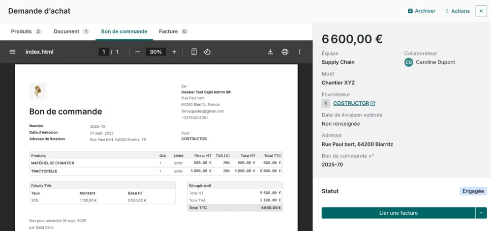 Capture d'écran montrant l'interface de gestion des bons de commmande sur Pennylane
