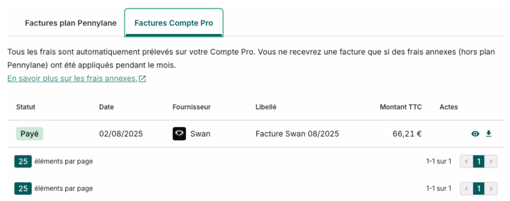 Capture d'écran de l'interface des factures Compte Pro Pennylane