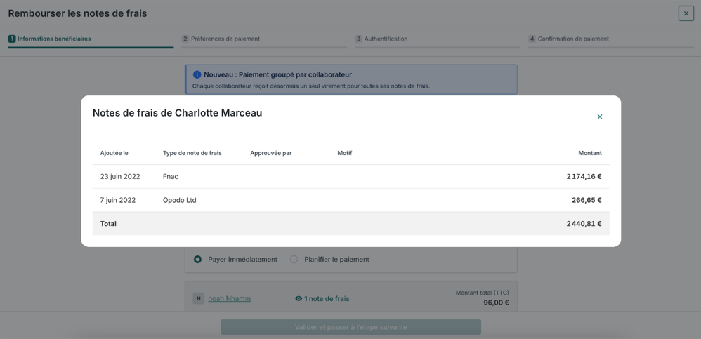 Capture d'écran de l'interface Pennylane montrant le remboursement groupé de notes de frais
